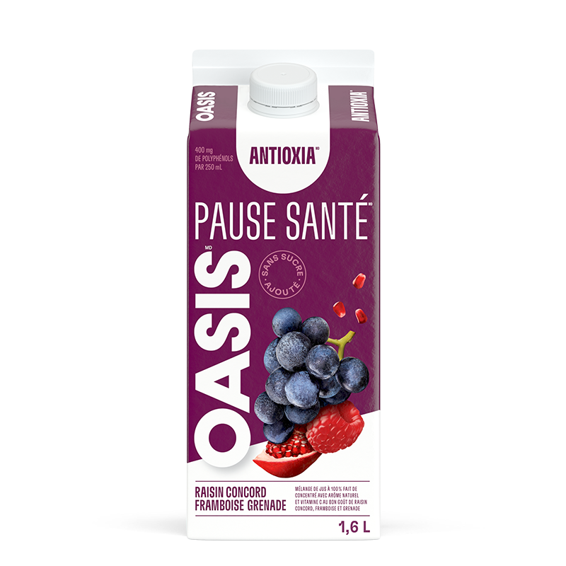 OASIS PAUSE SANTÉ RAISIN CONCORD - FRAMBOISE - GRENADE Gable Elopak 1.6L
